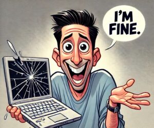 caricature of ross geller reacting to a broken computer and saying I'm fine