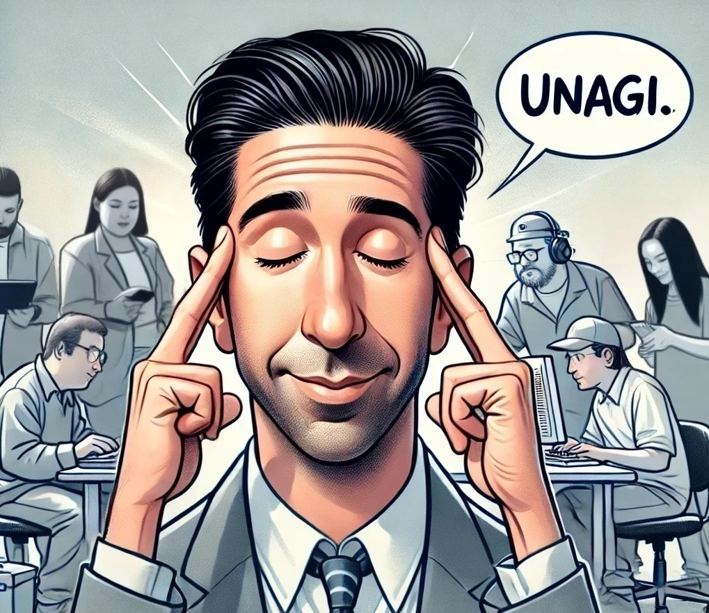 caricature of ross geller in a state of Unagi as an IT team takes care of his technology problems